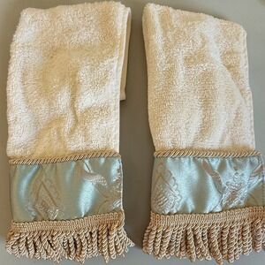 Vintage Crossill Home Fingertip Towels Set of 2 Aqua Satin Fringe Trim Cotton